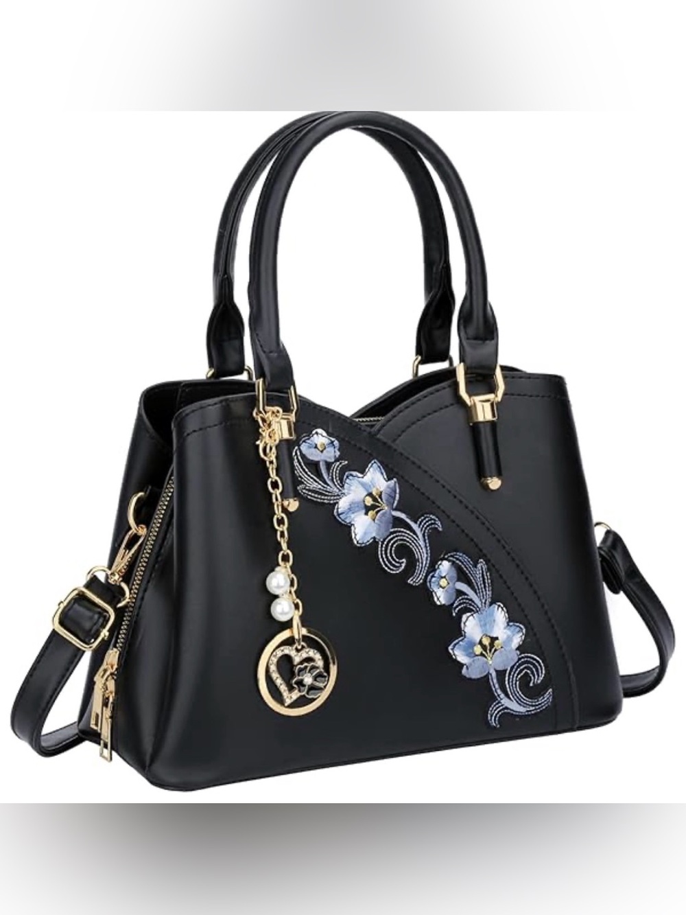 Stylish Black Floral Embroidered Satchel with Gold Charm- with strap